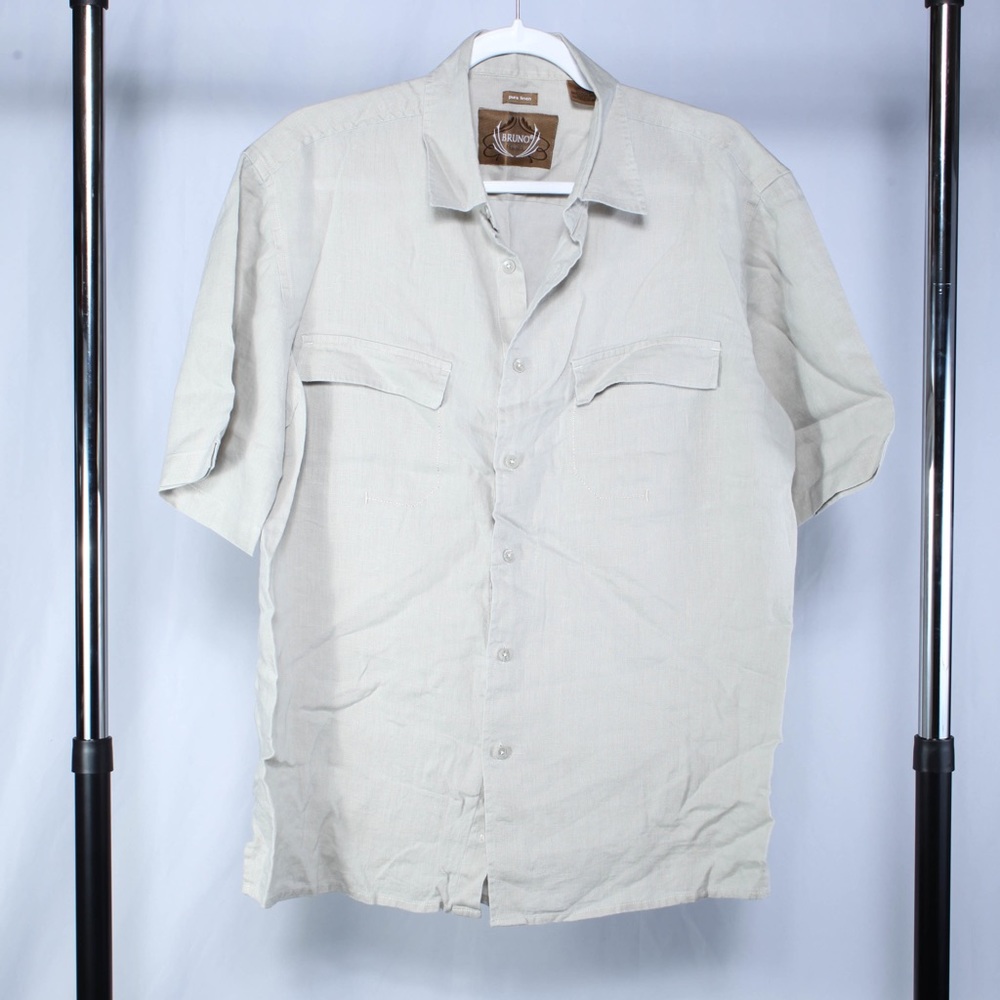 Bruno New York Pure Linen Button Front Shirt Men's Short Sleeve Beige Large